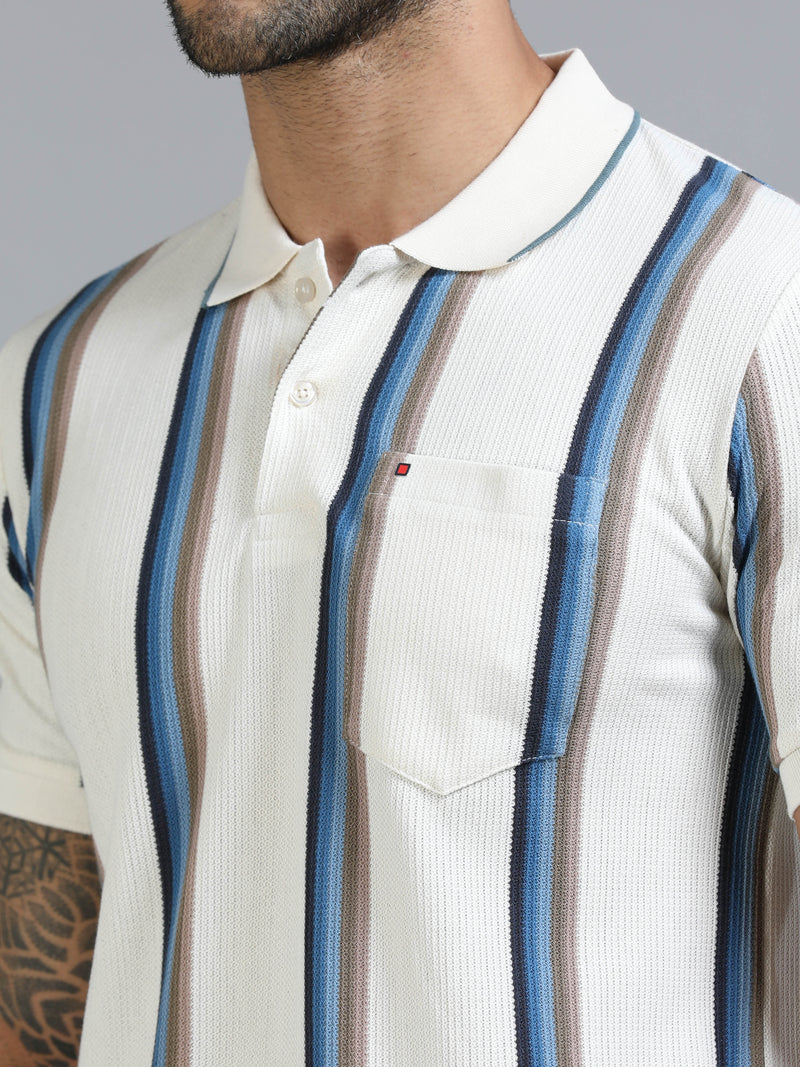 Men Blue Slim Fit Kintted Vertical Stripe Polo T-Shirt