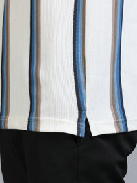 Men Blue Slim Fit Kintted Vertical Stripe Polo T-Shirt