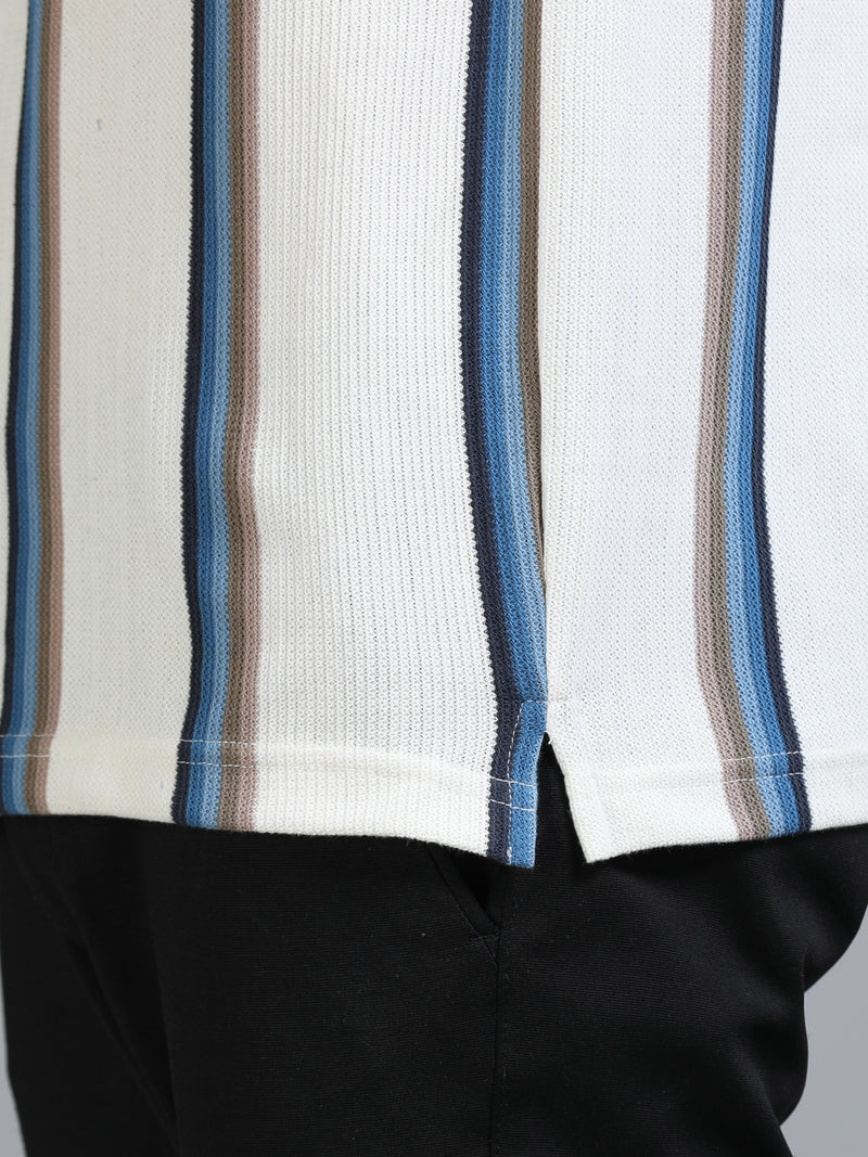 Men Blue Slim Fit Kintted Vertical Stripe Polo T-Shirt