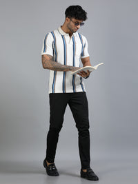 Men Blue Slim Fit Kintted Vertical Stripe Polo T-Shirt