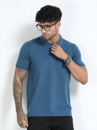 Men Blue Slim Fit Zig Zag Printed  Polo T-Shirt
