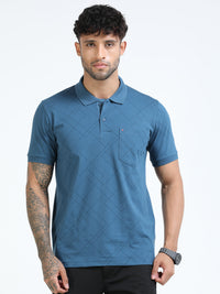 Men Blue Slim Fit Zig Zag Printed  Polo T-Shirt