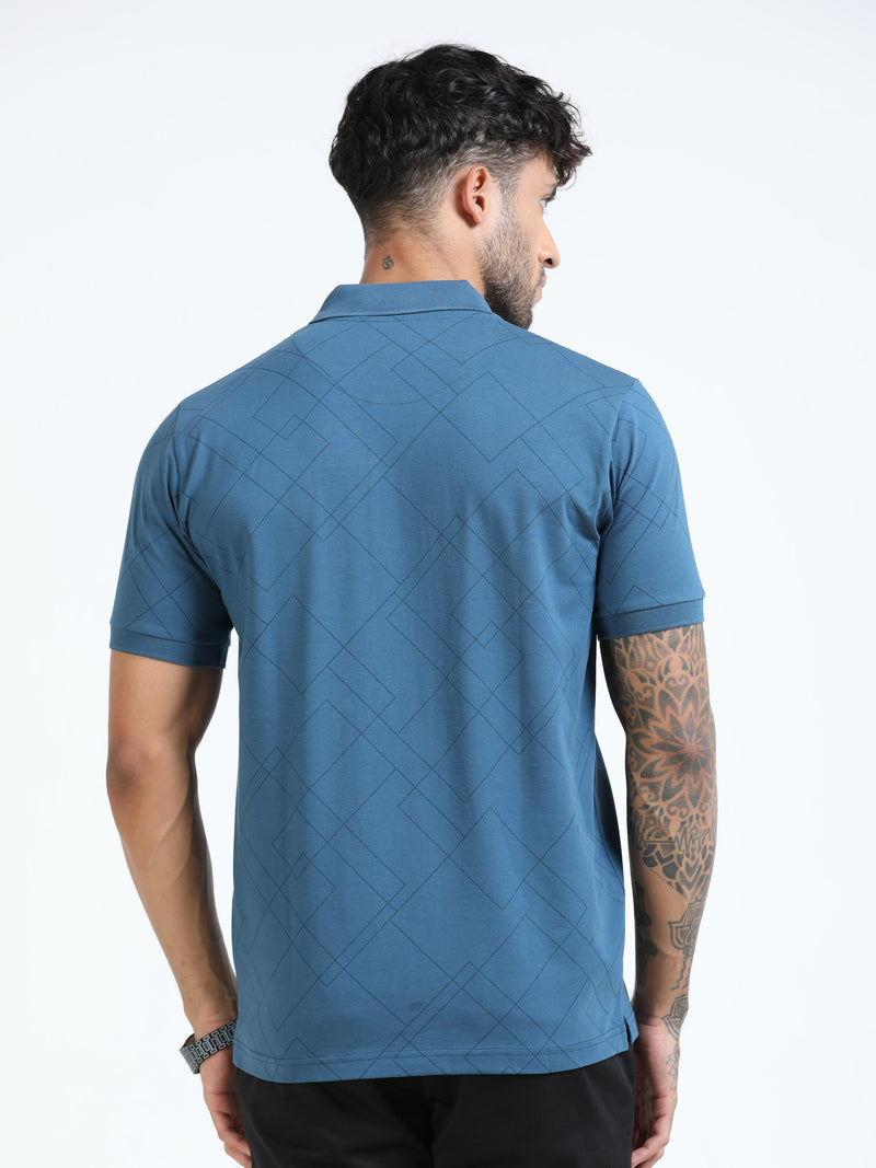 Men Blue Slim Fit Zig Zag Printed  Polo T-Shirt