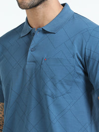 Men Blue Slim Fit Zig Zag Printed  Polo T-Shirt