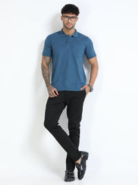 Men Blue Slim Fit Zig Zag Printed  Polo T-Shirt