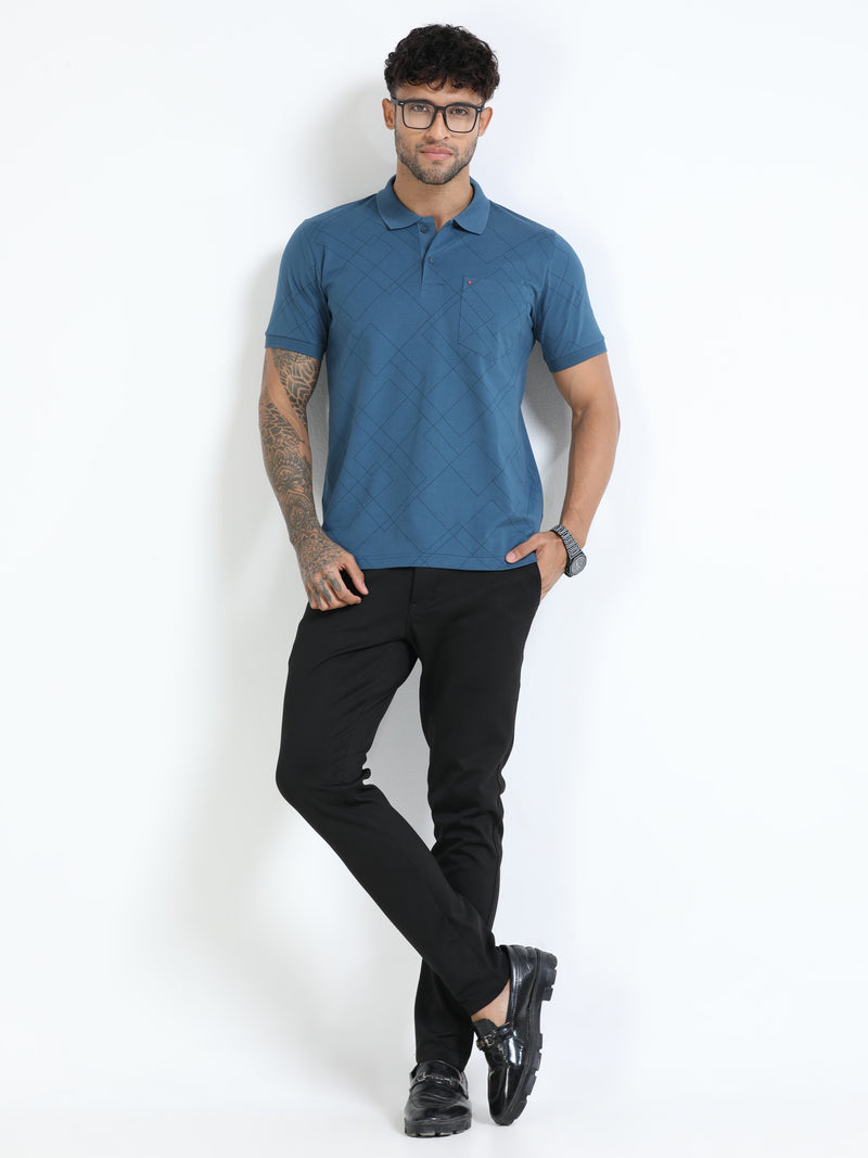 Men Blue Slim Fit Zig Zag Printed  Polo T-Shirt