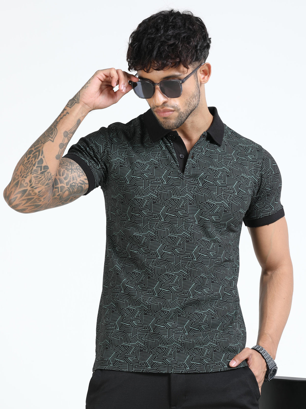 Men Olive Printed Regular Fit Half Sleeve Polo Neck T-Shirt