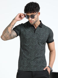 Men Olive Printed Regular Fit Half Sleeve Polo Neck T-Shirt