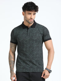 Men Olive Printed Regular Fit Half Sleeve Polo Neck T-Shirt