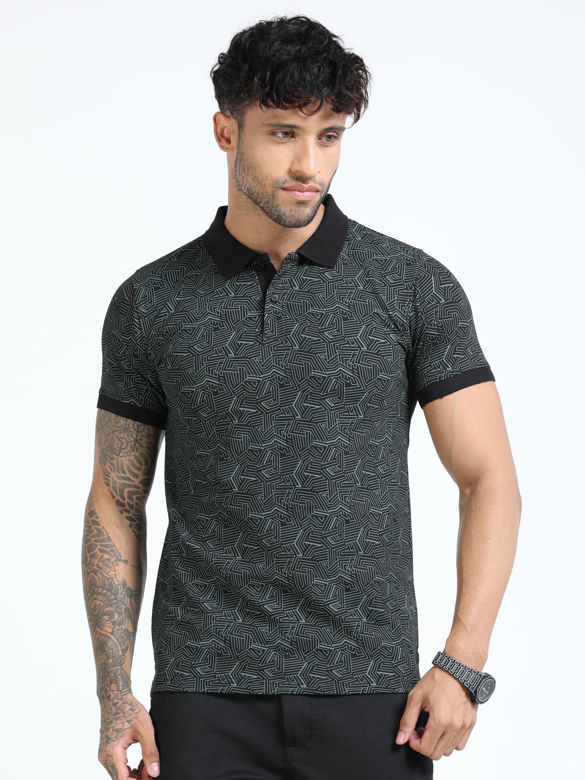 Men Olive Printed Regular Fit Half Sleeve Polo Neck T-Shirt
