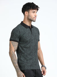 Men Olive Printed Regular Fit Half Sleeve Polo Neck T-Shirt