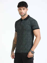 Men Olive Printed Regular Fit Half Sleeve Polo Neck T-Shirt