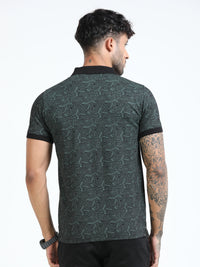 Men Olive Printed Regular Fit Half Sleeve Polo Neck T-Shirt