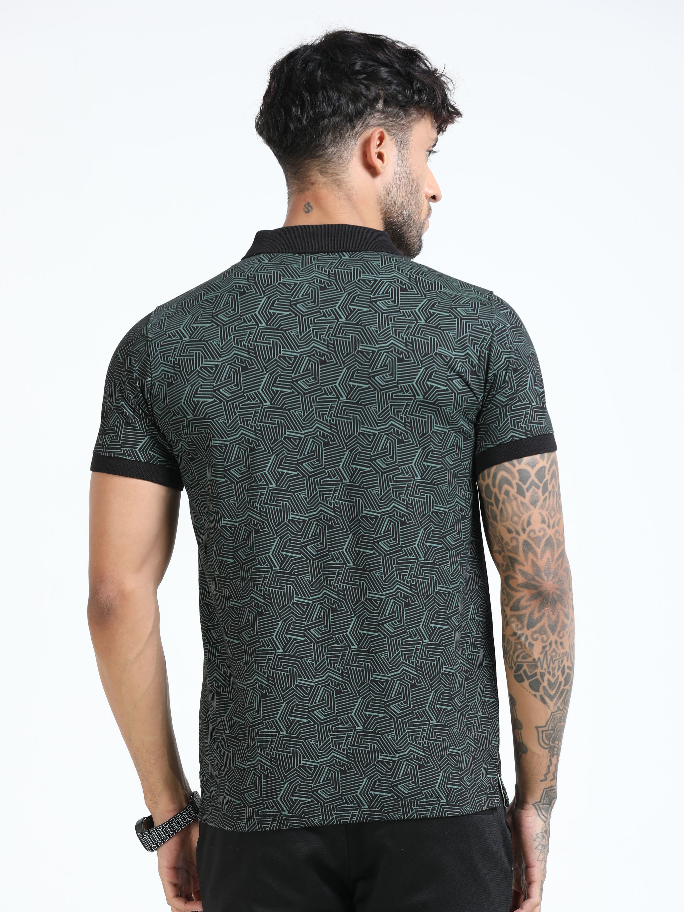 Men Olive Printed Regular Fit Half Sleeve Polo Neck T-Shirt