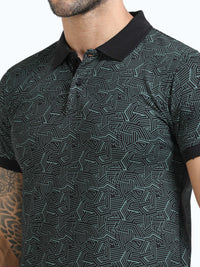 Men Olive Printed Regular Fit Half Sleeve Polo Neck T-Shirt
