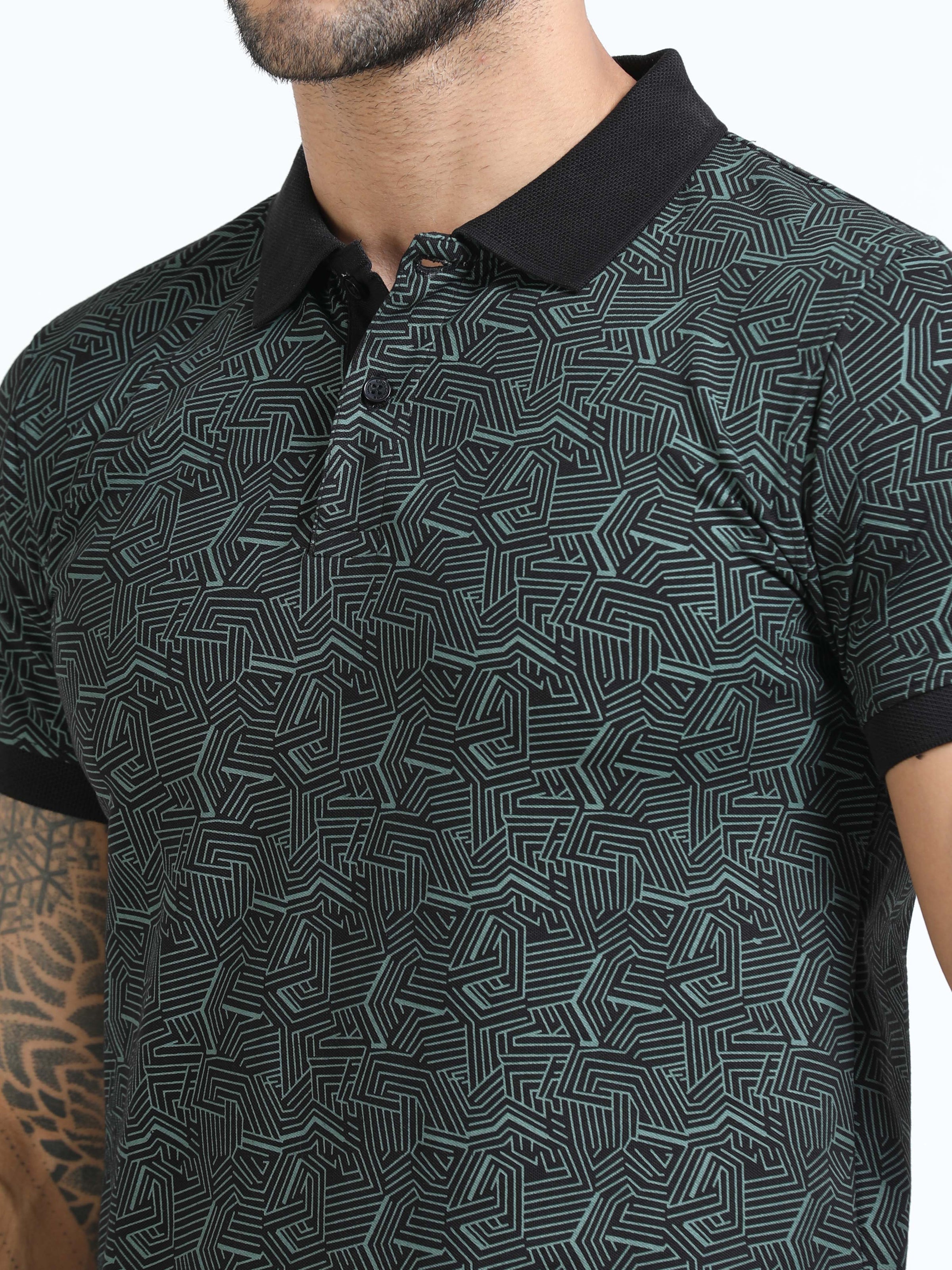 Men Olive Printed Regular Fit Half Sleeve Polo Neck T-Shirt