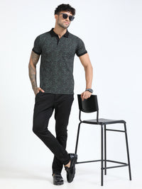 Men Olive Printed Regular Fit Half Sleeve Polo Neck T-Shirt