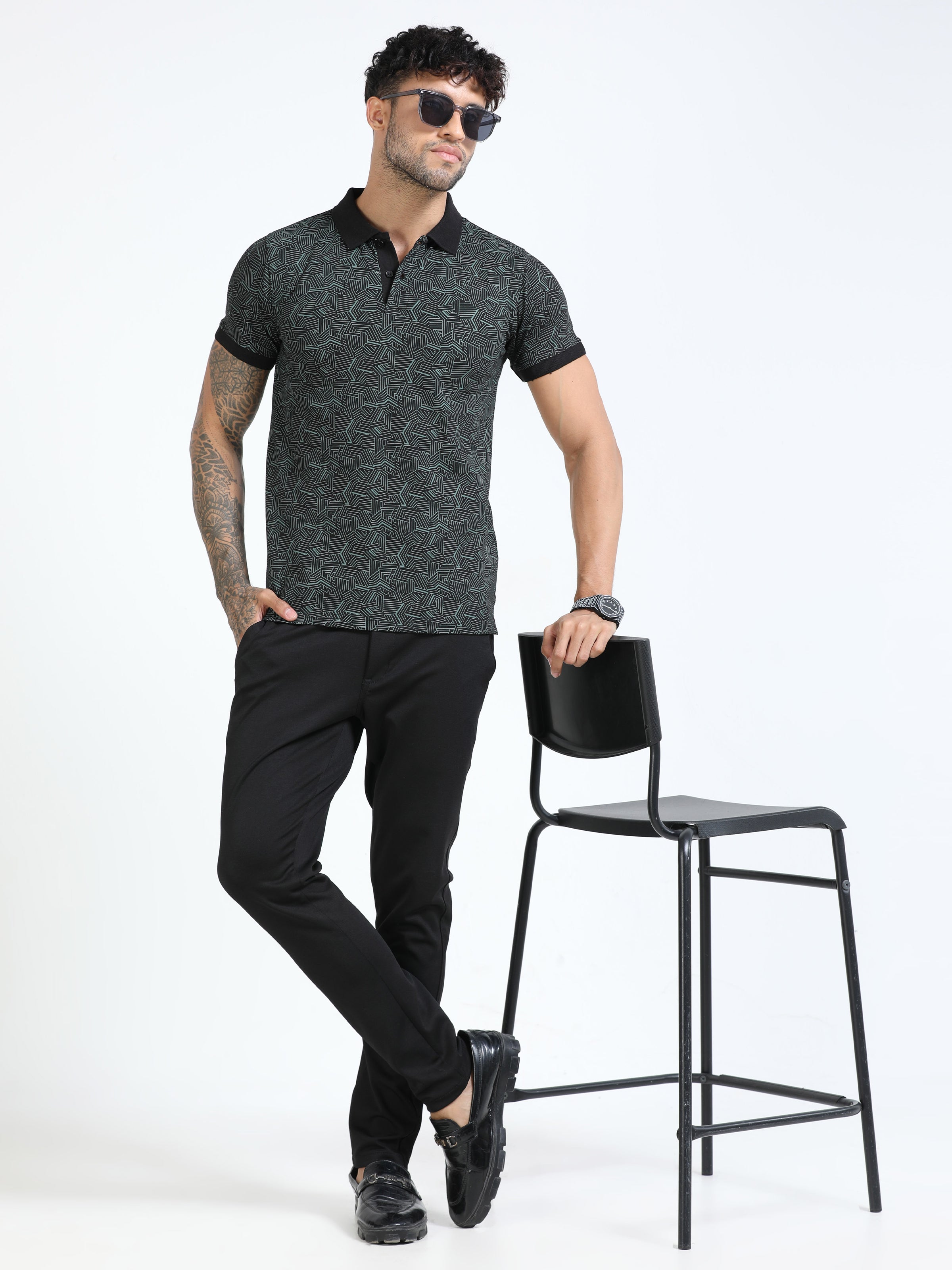 Men Olive Printed Regular Fit Half Sleeve Polo Neck T-Shirt