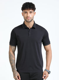 Men Black Slim Fit Stretchable Solid  Polo T-Shirt