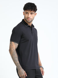 Men Black Slim Fit Stretchable Solid  Polo T-Shirt