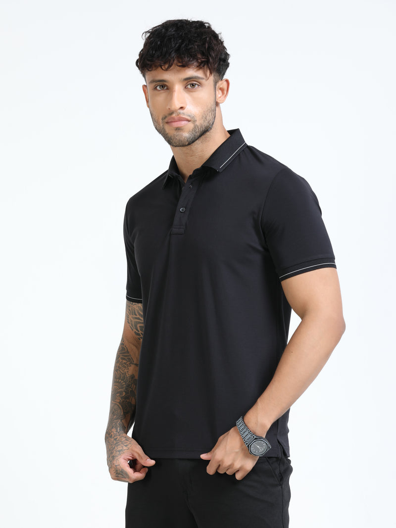 Men Black Slim Fit Stretchable Solid  Polo T-Shirt