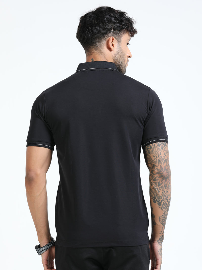 Men Black Slim Fit Stretchable Solid  Polo T-Shirt