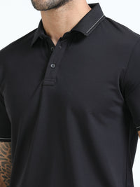 Men Black Slim Fit Stretchable Solid  Polo T-Shirt