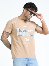 Men Beige Slim Fit Printed Crew Neck T-Shirt