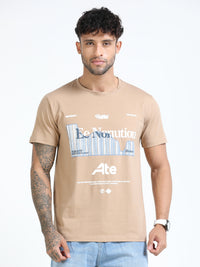 Men Beige Slim Fit Printed Crew Neck T-Shirt