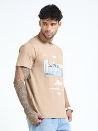 Men Beige Slim Fit Printed Crew Neck T-Shirt