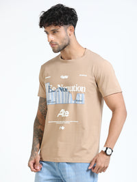 Men Beige Slim Fit Printed Crew Neck T-Shirt