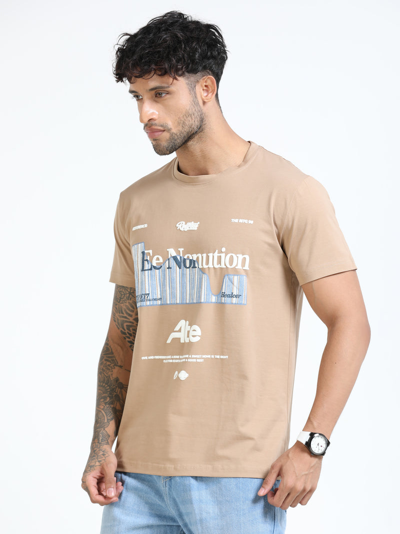 Men Beige Slim Fit Printed Crew Neck T-Shirt
