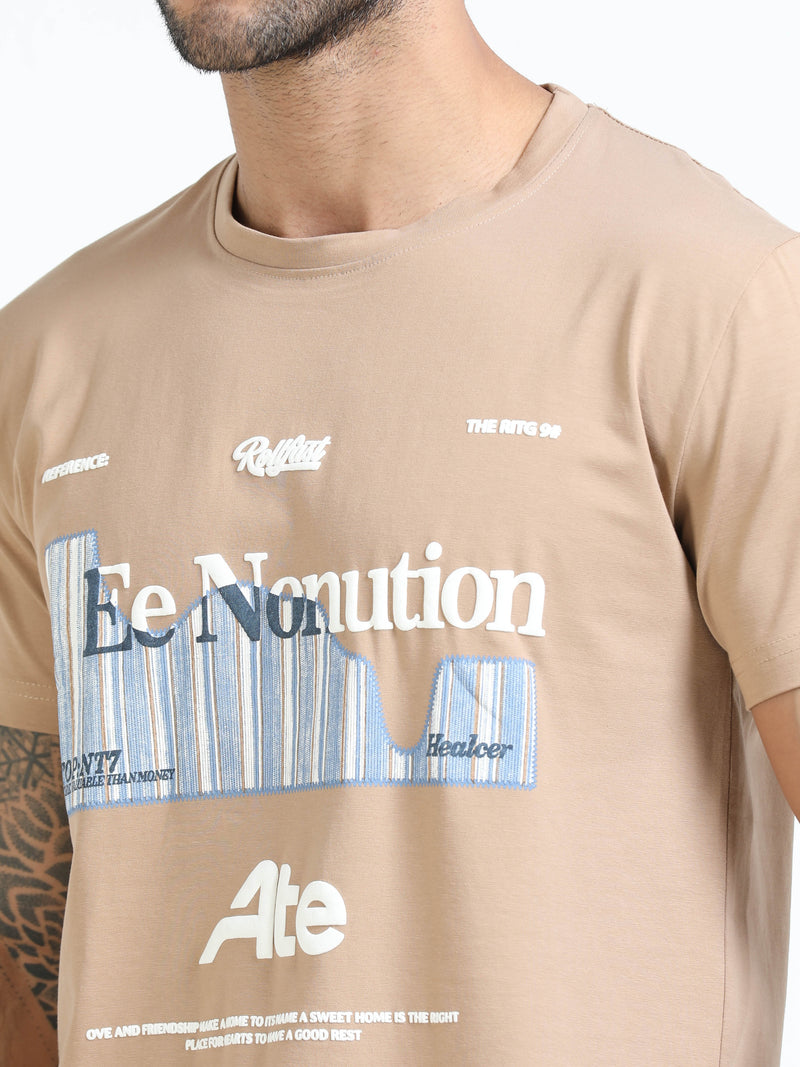 Men Beige Slim Fit Printed Crew Neck T-Shirt