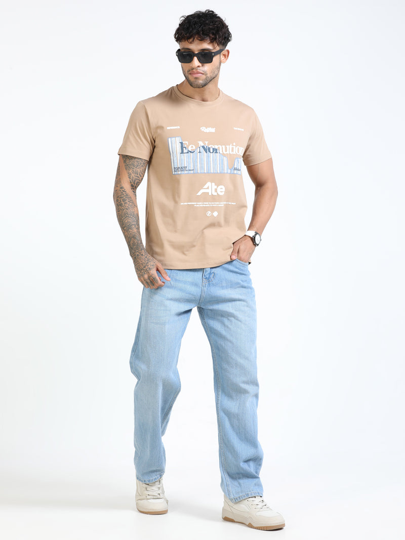 Men Beige Slim Fit Printed Crew Neck T-Shirt