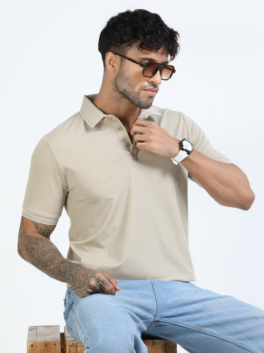 Men Beige Slim Fit Stretchable Solid  Polo T-Shirt