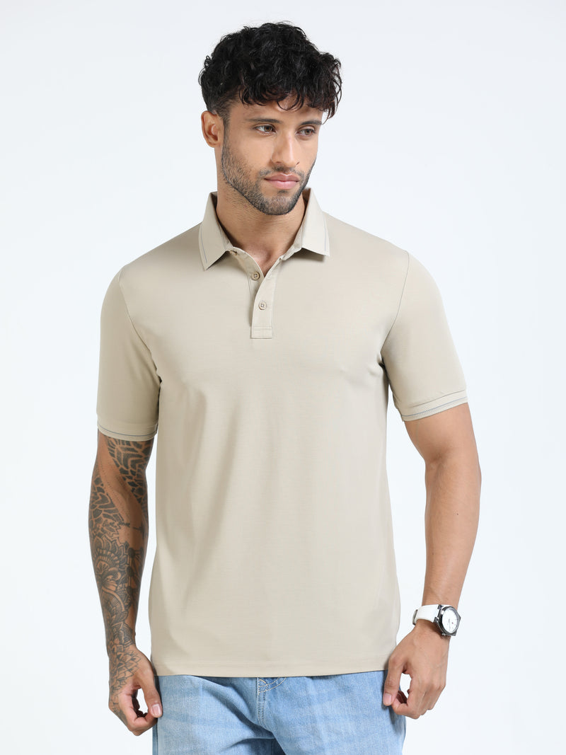 Men Beige Slim Fit Stretchable Solid  Polo T-Shirt