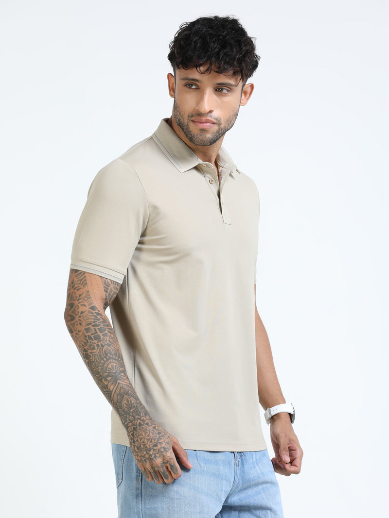 Men Beige Slim Fit Stretchable Solid  Polo T-Shirt