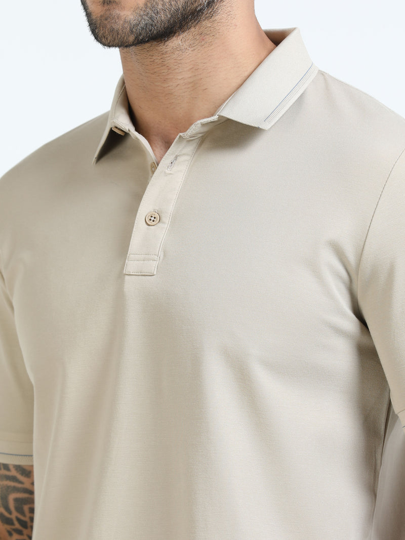 Men Beige Slim Fit Stretchable Solid  Polo T-Shirt