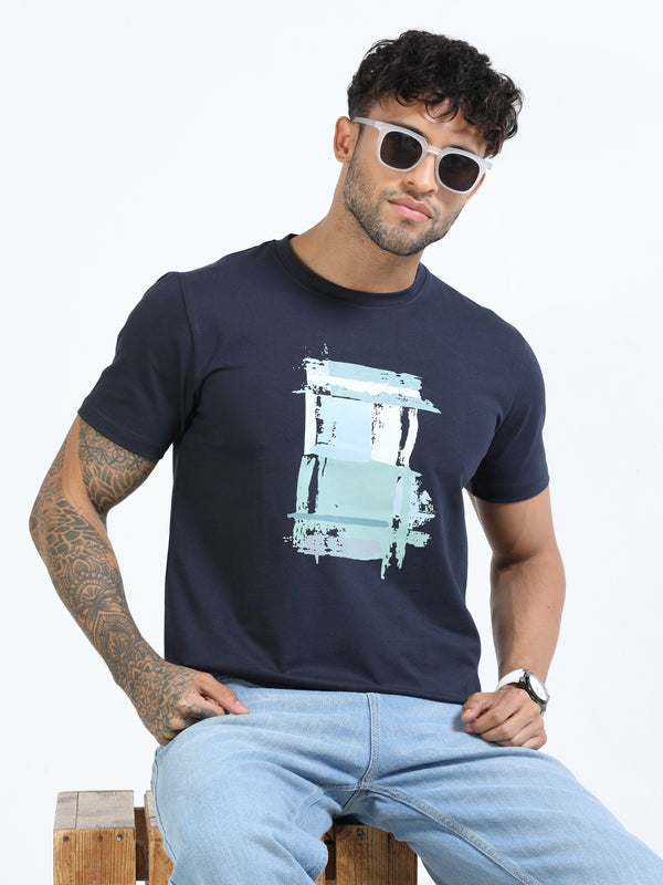 Men Blue Slim Fit Printed Crew Neck T-Shirt