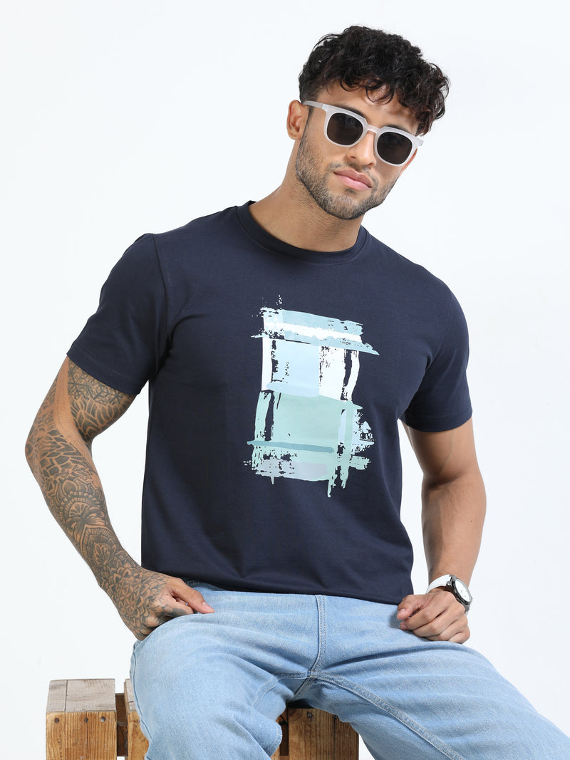 Men Blue Slim Fit Printed Crew Neck T-Shirt