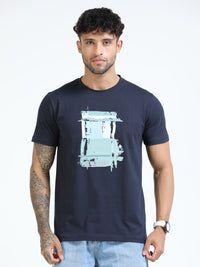 Men Blue Slim Fit Printed Crew Neck T-Shirt