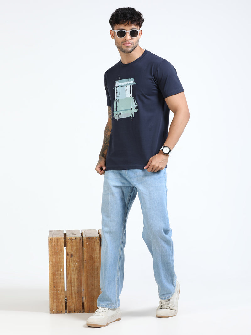 Men Blue Slim Fit Printed Crew Neck T-Shirt