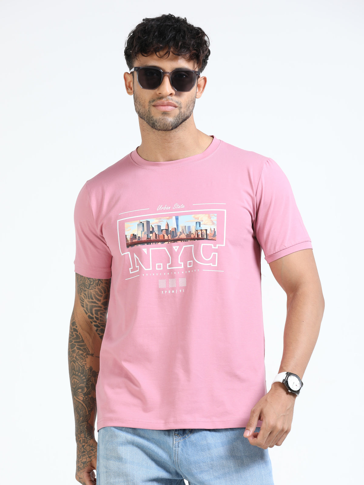 Men Pink Slim Fit Printed Crew Neck T-Shirt