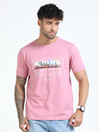 Men Pink Slim Fit Printed Crew Neck T-Shirt