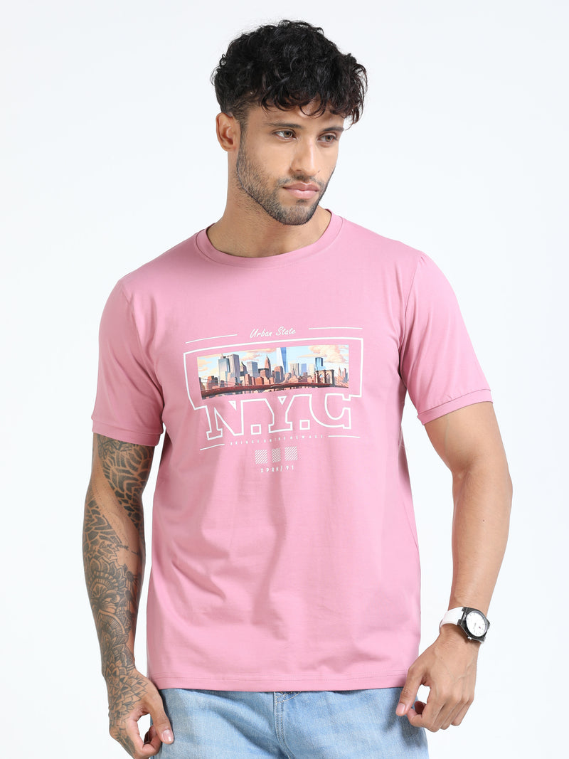 Men Pink Slim Fit Printed Crew Neck T-Shirt