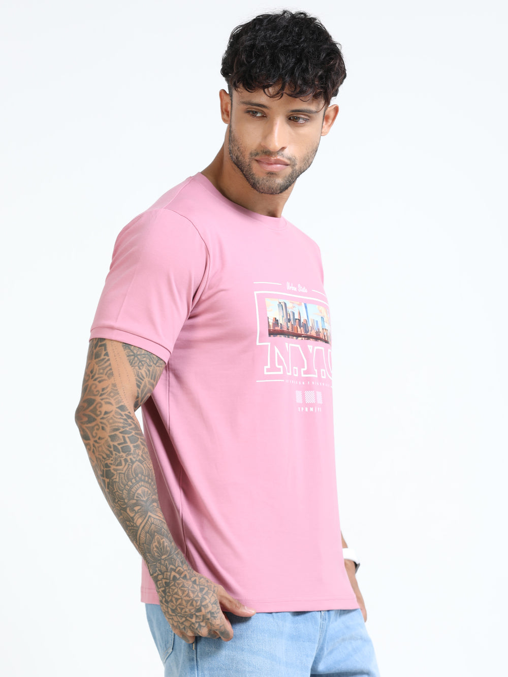 Men Pink Slim Fit Printed Crew Neck T-Shirt