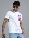 Men White Slim Fit Chest Printed Crew Neck T-Shirt