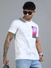 Men White Slim Fit Chest Printed Crew Neck T-Shirt