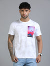 Men White Slim Fit Chest Printed Crew Neck T-Shirt