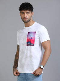 Men White Slim Fit Chest Printed Crew Neck T-Shirt